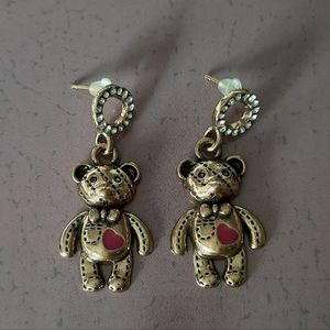 Gold-Tone Pink Heart Teddy Bear Earrings